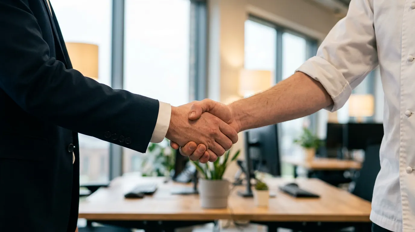 若いスーツ姿の男性と、腕まくりしたシェフが互いに右手で握手している